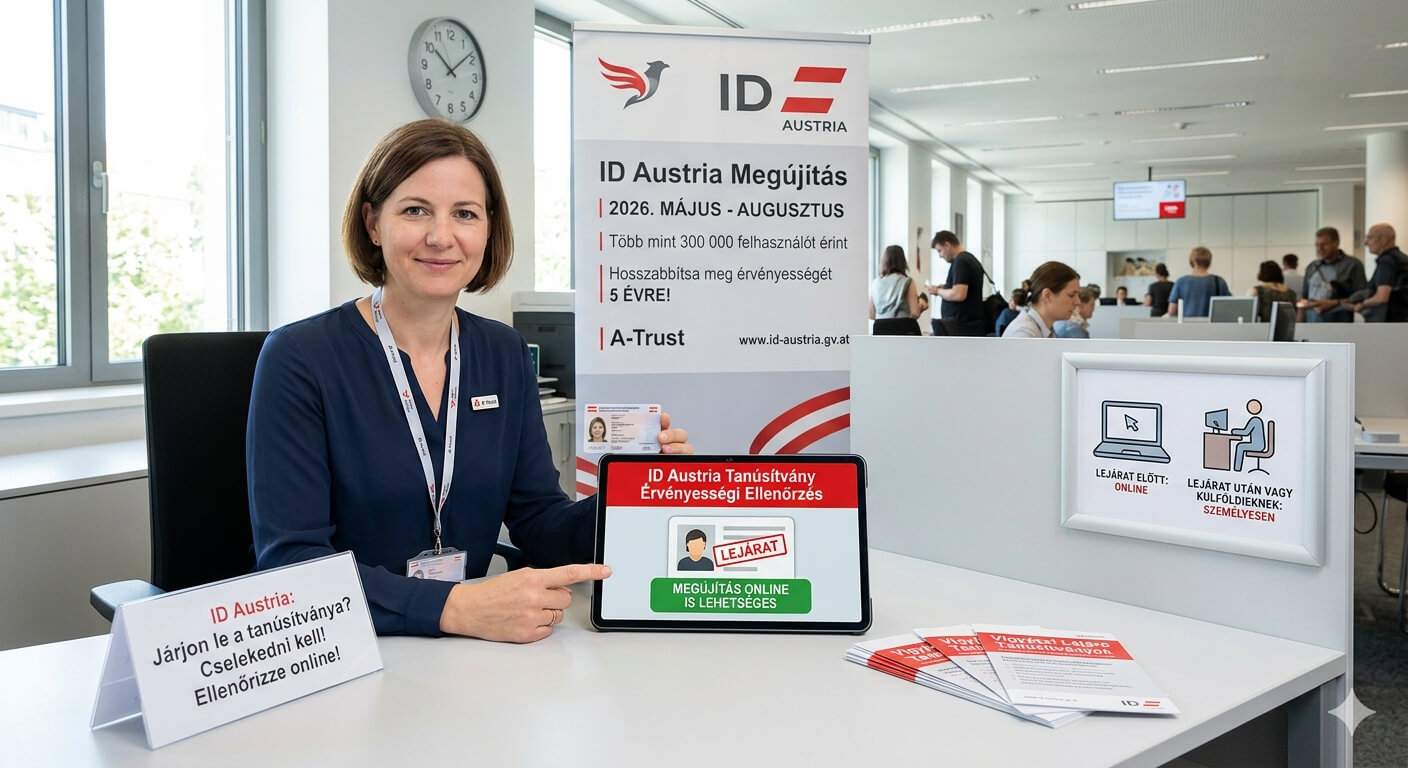 Egy nő ül az irodában egy asztalnál, és az ID AUSTRIA lejáratára figyelmeztet.